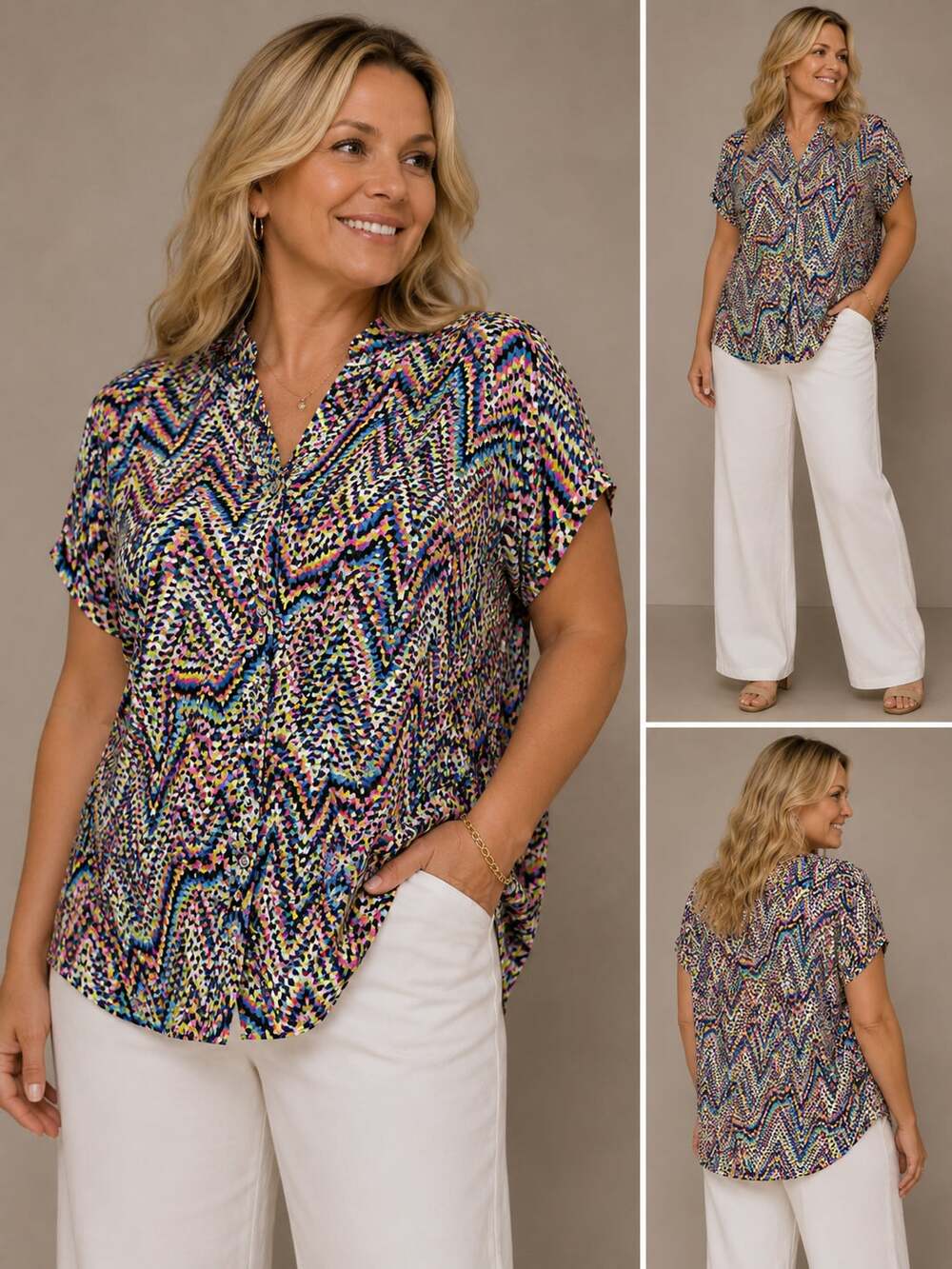 Cathy Multicolor Geometric Sequin Embellished Short Sleeve Button Down Blouse
M-